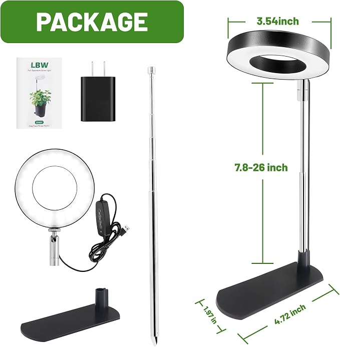 LBW Grow Lights for Indoor Plants, Full Spectrum Halo Grow Light with Base | 48 LEDs Plant Light for Small Plant, Base/Soil Stake, 7.8-26" Adjustable, 6/8/12/16H Timer, 3 Color Mode, 5 Brightness, Black