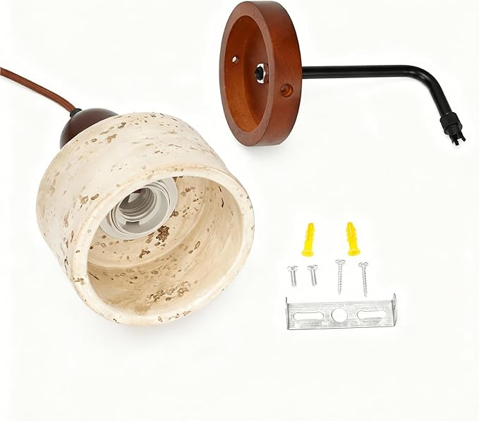 Faux Travertine Wall Sconce, 4.7" Hardwired Wall Mounted Light, Adjustable Height Mid Century Modern Marble Lamp for Bedroom, Bedside, Reading (E26 Bulb Not Included)