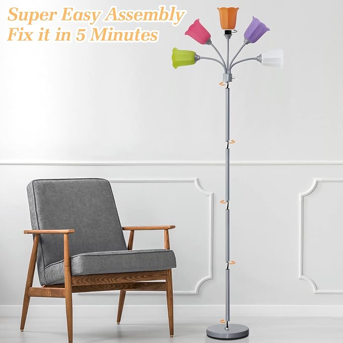 Medusa LED Floor Lamp, Multi Head Modern Tall Lamp with Adjustable Gooseneck Standing Lamps Led Tall Lamp for Living Room Bedroom Kids Room Office 6 Color Lampshades Bulb Not Included Silver