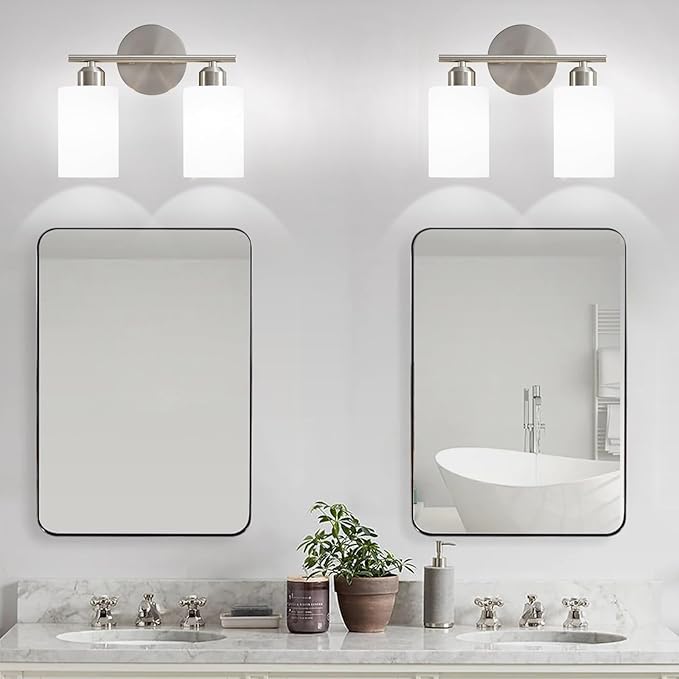 Brushed Nickel Bathroom Light Fixtures, 2-Light Modern Vanity Light Over Mirror, Wall Sconces with Milky White Frosted Glass Shades for Hallway, E26