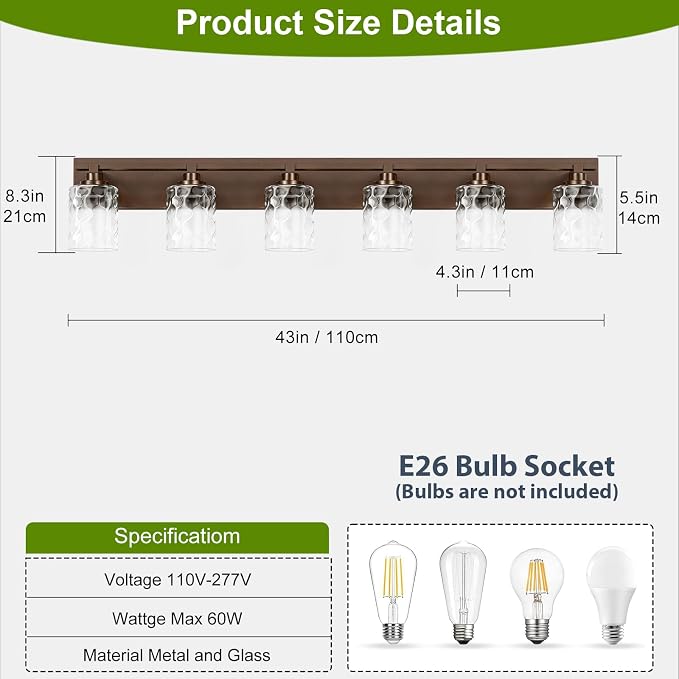 Modern Bathroom Lighting Fixtures Over Mirror, Vanity Lights for Bathroom, Wall Sconces with Clear Glass Shades, E26 Ceramic Socket, 6-Light 43-inch Oil-Rubbed