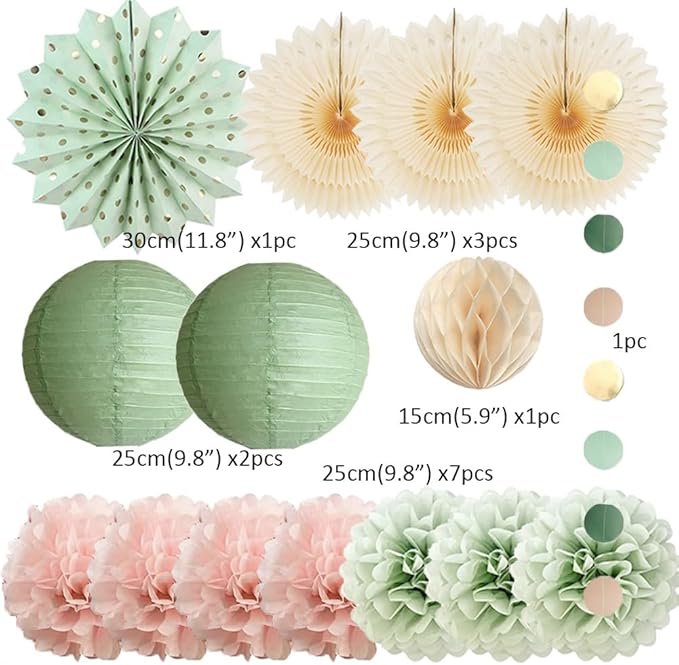 Sage Green and Blush Pink Party Decorations Paper Lanterns Sage Green Cream Paper Fans Light Pink Tissue Paper Pom Poms for Sage Green and Dusty Pink Birthday Baby Shower Bridal Shower Wedding