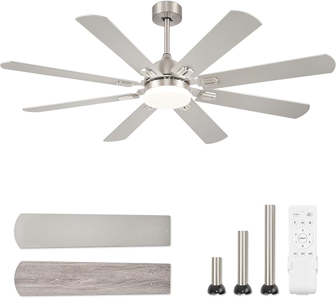 Fanbulous 62 Inch Outdoor Ceiling Fans with Lights,Nickel | Modern,6 Speeds,3CCT,Timer,Remote Control,Quiet Reversible DC motor,Large,8 Double-sided Blades,Easy Installation