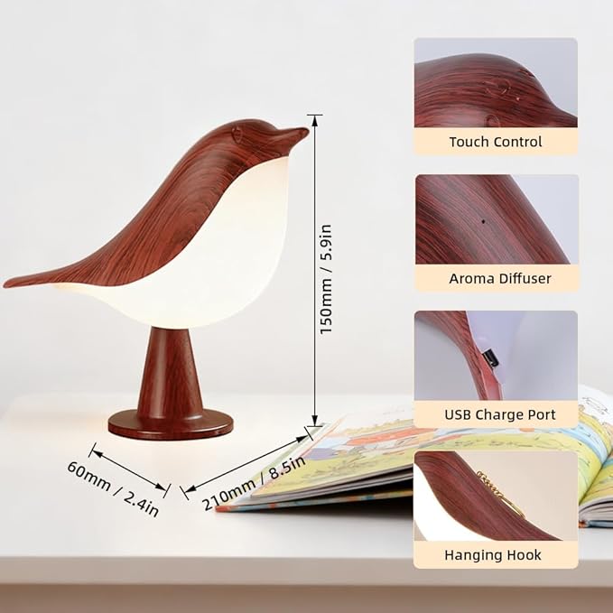 Bird Cordless Table Lamp, Small Cordless Bedside Lamp with 3 Color Temperature, Touch Sensor & Rechargeable Battery - Night Light for Kids, Bedroom, Bedside, Office, and Outdoor Use(Dark)