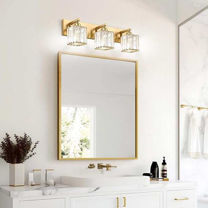Gold Crystal Bathroom Vanity Light, 3-Light Modern Bathroom Lighting Fixtures Over Mirror,Chrome Wall Sconce Light Fixtures with Square Shade