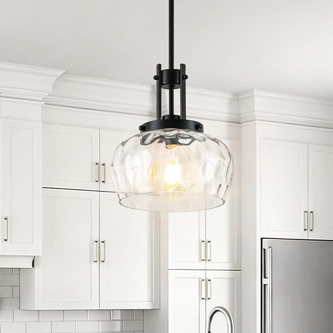 10 Inch Pendant Lights Kitchen Island, Black Pendant Light Fixtures with Hammered Glass Shade, Modern Farmhouse Island Hanging Light for Kitchen Dining Room Bedroom(Black)