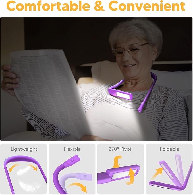 Voilet Neck Light with Storage Case, 10-80Hrs Eye-friendly Book Reading Light Knitting Crochet Sewing Craft Light Rechargeable Adjustable, Mothers Day Gifts for Mom Women Book Lovers Knitters Crafters