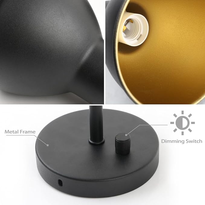 Yosoan Indoor Bedside Wall Sconce, 1-Light Vintage Industrial with Dimmable Switch 340 Degree Adjustment Angle Mount Lamp with 5.7" Antique Bowl Metal Shade Build-in Gold Vanity(Black)