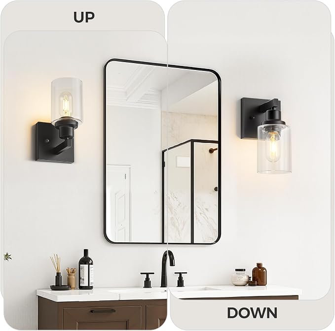 Set of 2 Wall Sconces for Bathroom, Black Bathroom Vanity Light,Modern Wall Sconces Indoor with Clear Glass,Farmhouse Wall Lamp for Bedroom Living Room Mirror Hallway