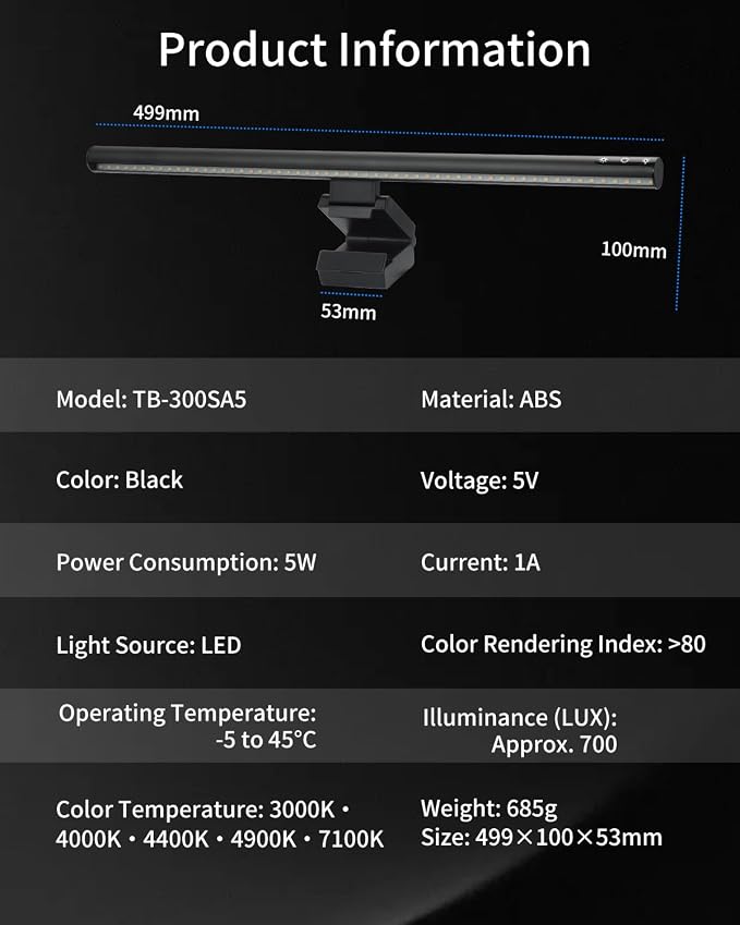 ELUTENG Monitor Light Bar Eye-Careing USB Reading Mnitor lamp 19.7" | Screen Clip Light LED Light Source Touch Control Dimmable Color Sedentary Reminder Desk Lamp for Home Office Gaming