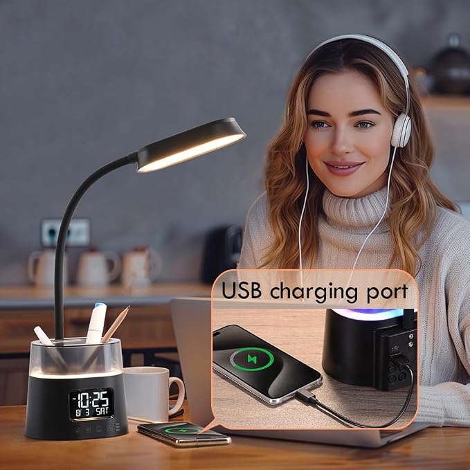 WILIT LED Kids Desk Lamp, Dimmable Study Lamp for Home Office Desk Accessories, with Pen Holder & Clock, USB Charging Port, RGB Night Light, Bedroom & College Dorm Room Essentials for Girls - Black