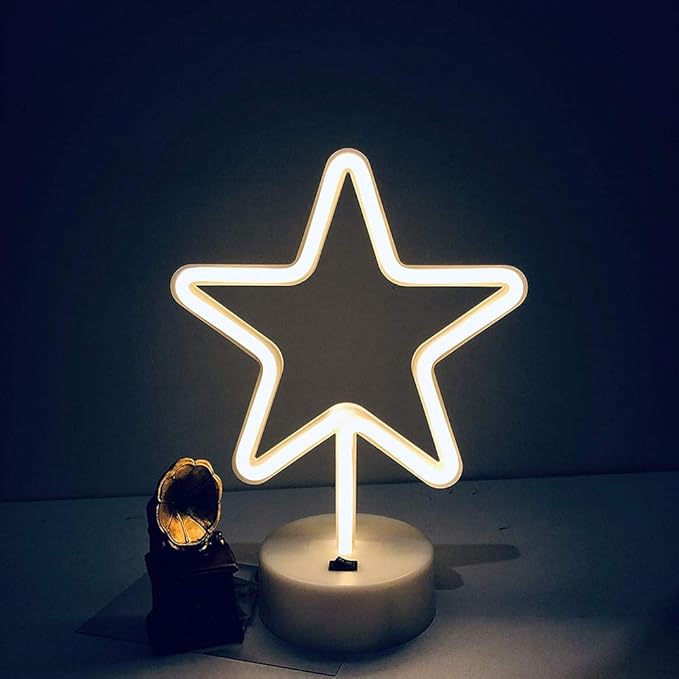 ENUOLI Warm White Star Shaped LED Neon Light Lamp with Base Battery Operated USB Powered LED Star Neon Sign Home Christmas Decoration Lights for Home Hotel Bedroom Store Decoration Night Light
