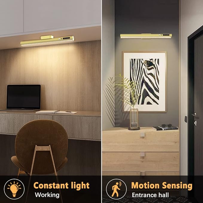 Battery Powered Operated Wall Strip Light with Motion Sensor | LED Light Bar, Rechargeable Magnetic Under Cabinet Lighting Wireless with Remote Control for Desk Mirror Closet Gold
