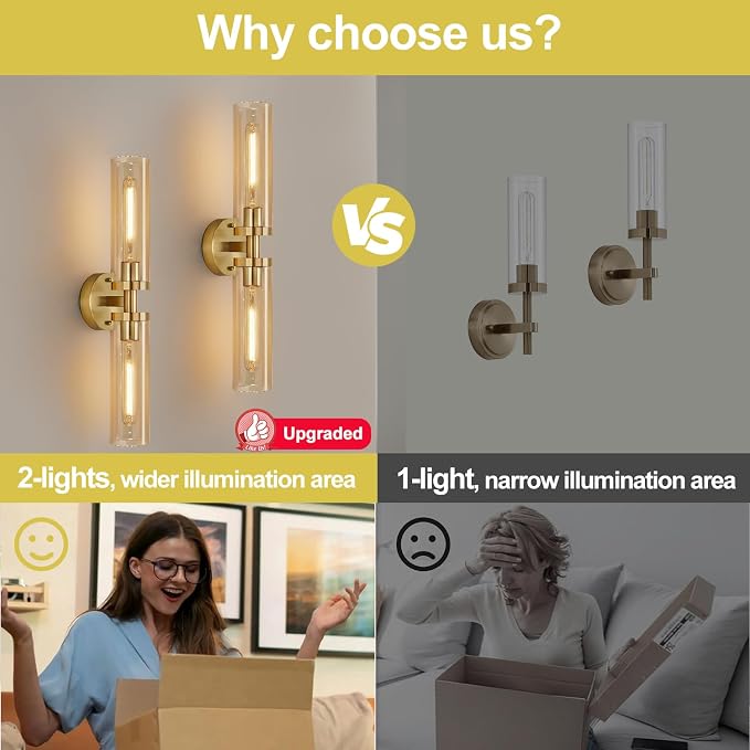 Indoi Wall Sconces Set of Two, Hardwired Brushed Gold Bathroom Sconces Wall Lighting with Amber Glass, Modern Sconces Wall Decor Set of 2 Vanity Light fixtures for Bathroom Mirror Bedroom