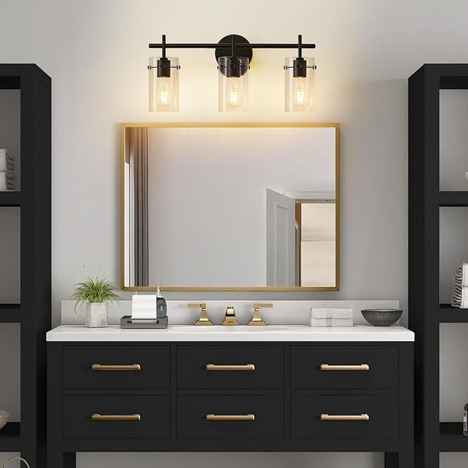 Bathroom Light Fixtures, 3-Light Matte Black Vanity Light, Black Bathroom Lights Over Mirror with Clear Glass Shade, Wall Sconces for Mirror Bedroom Living Room Hallway