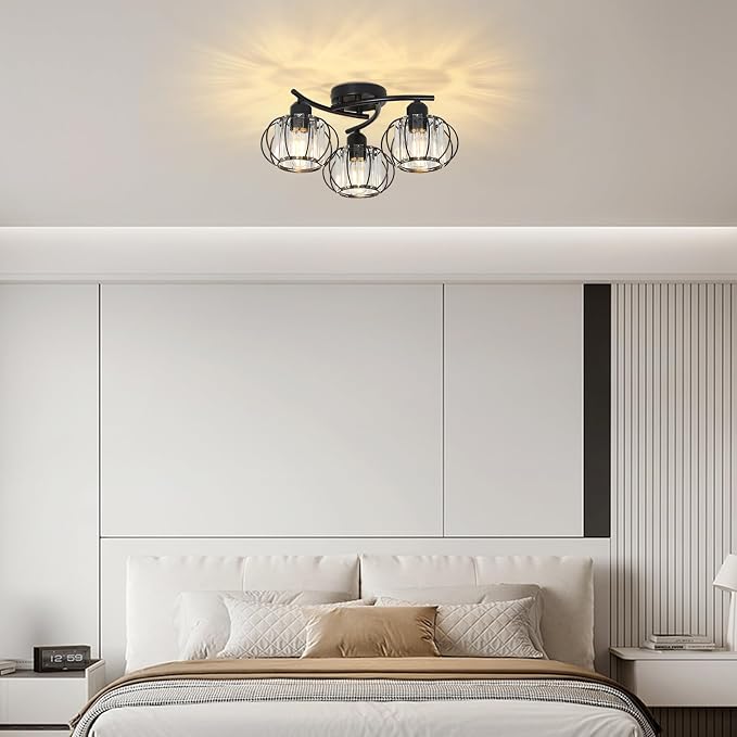 PAUFUL 3-Light Crystal Semi Flush Mount Ceiling Light,Black Modern Close to Ceiling Light Fixtures,Kitchen Light Fixtures with Clear Crystal Shade,Hallway Light Fixtures for Hallway Bedroom Bathroom
