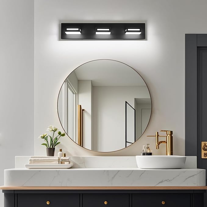 LED Modern Bathroom Light Fixtures, 3-Light 24-Inch Matte Black Vanity Lights for Bathroom Lighting Fixtures Over Mirror, 6000K Cool White 350° Rotatable Wall Lamp