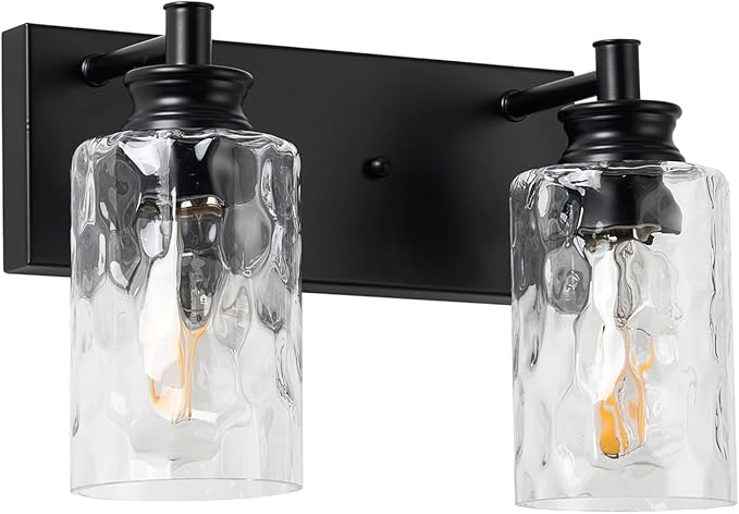 2 Light Bathroom Vanity Light Modern Black Bathroom Light Fixtures Over Mirror with Hammered Glass Lampshade for Kitchen Hallway