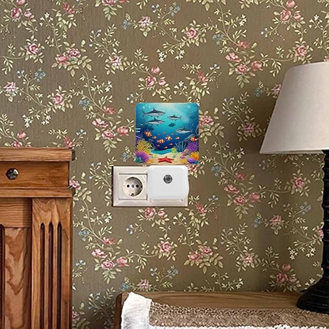 Marine Life LED Night Lights Plug into Wall Fish Algae and Corals in The Blue Water 0.5W Plug in Night Light, Dusk to Dawn, Bright Nightlight Auto On/Off, for Room Bedroom Bathroom