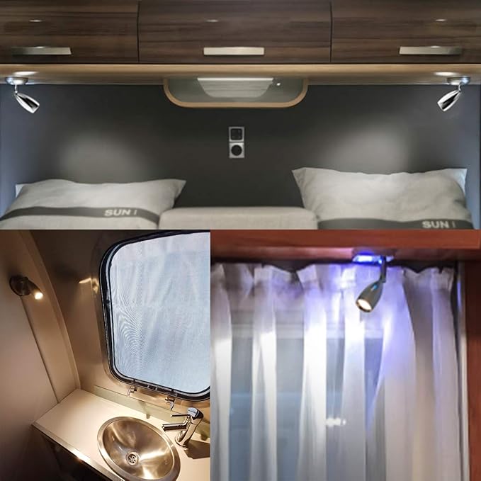 THALASSA 12V RV Spotlight USB Reading Light - Dimmable Touch Switch with Blue Circle Night Light, Polished Chrome, Surface Mounted on Trailer Caravan Boat Interior as Bedside Light Book Lamp, 2 Pack