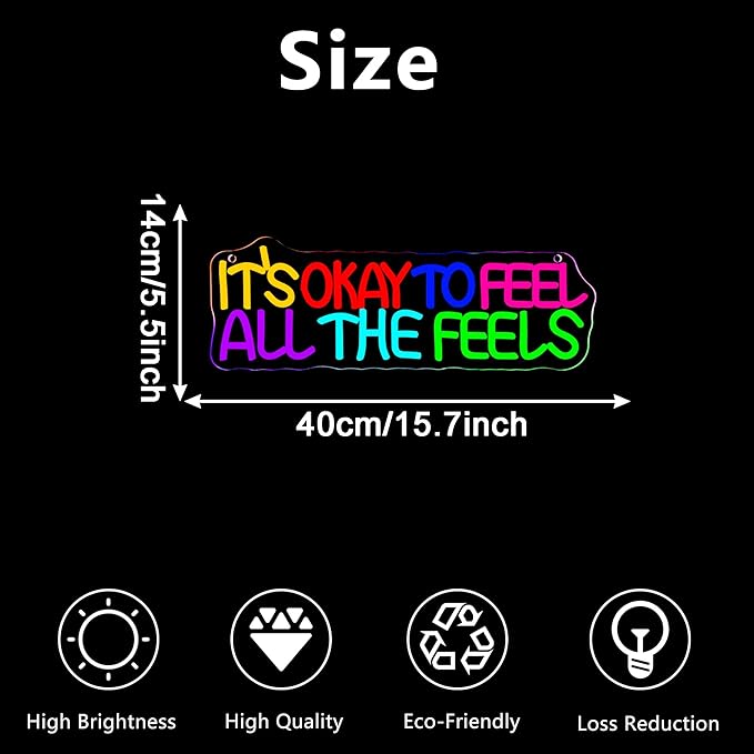 It's Okay To Feel All The Feels Neon Sign LED Wall Sign for Classroom Decor, Dimmable USB Powered Therapy Room Art Bedroom Classroom Backdrop Sign Gift for Teacher 15.7x5.5 Inch