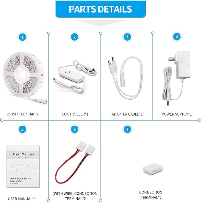 Led Strip Lights 50.5ft White Dimmable Led Light Strip Flexible Rope Lights Kits with 24v Etl Power Supply, Adhesive Clips, Dimmer Switch and Connectors for Indoor Decor