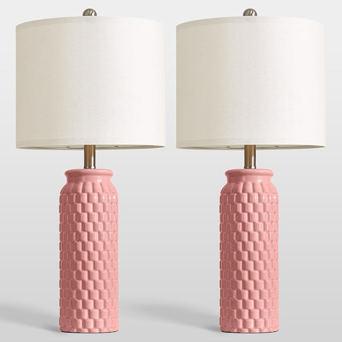 USumkky 27" Ceramic Table Lamps Set of 2 - Modern Farmhouse & Boho Style, Bedside Nightstand Lamps for Bedroom, Living Room End Table Lamps, Small Desk Lamp(Pink)