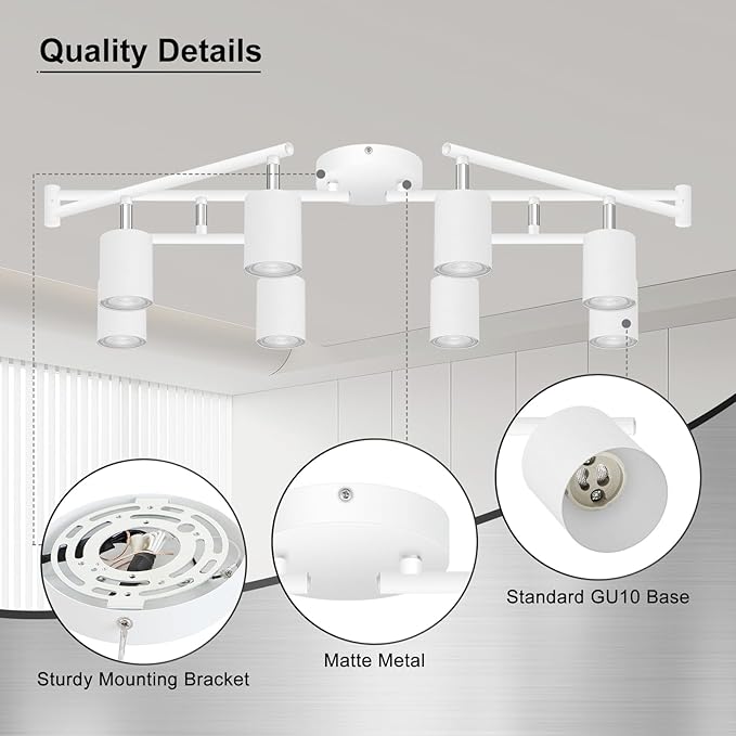 8 Light Track Lighting Fixtures Ceiling, Matte White Kichen Track Lighting Fixtures, Rotatable Light Heads, Adjustable Modern LED Track Lights for Kitchen/Hallway, No GU10 Bulb