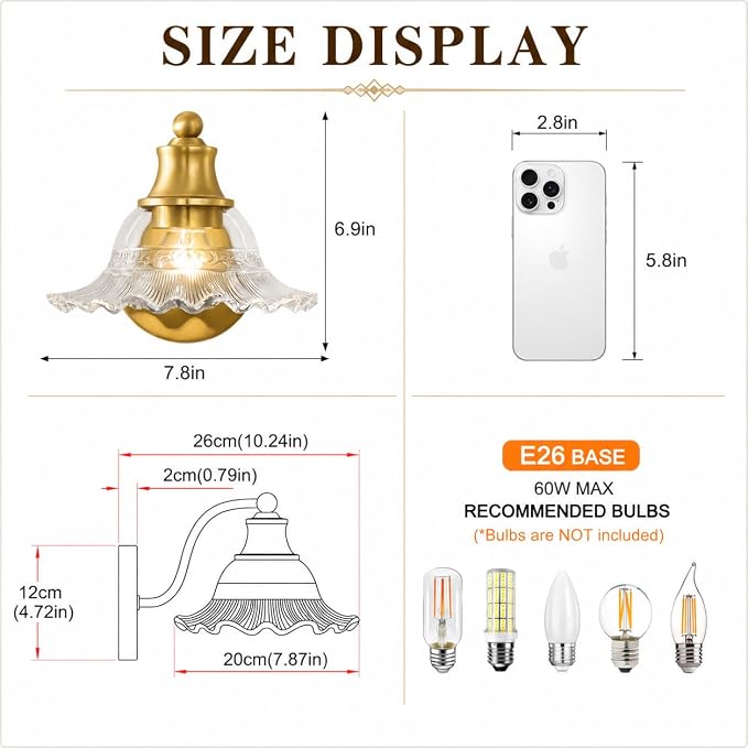 Bright Brushed Gold Bathroom Wall Sconce Vintage Style, E26 Easy Mounted | Vanity Light with Flower Glass Shade, Bathroom Wall Lighting Fixture Beside Mirror, Easy Mounted for Bedroom, Hallway