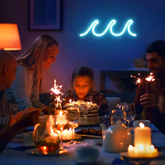 Wave Neon Signs for Bedroom, Ice Blue LED Neon Signs for Wall Decor, Night Lights USB Powered with Dimmer & Switch, Tropical Decor for Living Room, Bar, Dorm, Birthday Gift, Wedding Party