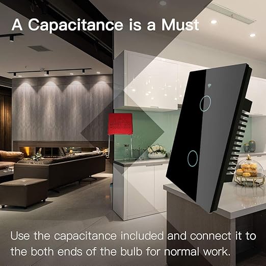 MOES Touch Wall Single Live Wire Smart Switch, No Neutral Wire Needed, 2.4GHz WiFi RF433 Light Switch Works with Smart Life/Tuya App, Alexa and Google Home, Single Pole Black 2 Gang Include Capacitor