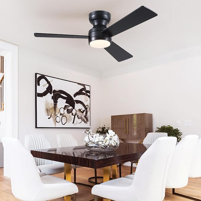 46"Black Modern Low Profile Ceiling Fans with LED Lights and Remote Control | Reversible 6 Wind Speeds, Dimmable 3 CCT LED Light, 25W Quiet DC Motor,2H Timer,3 Double-Sided Blades,for Bedroom Kitchen