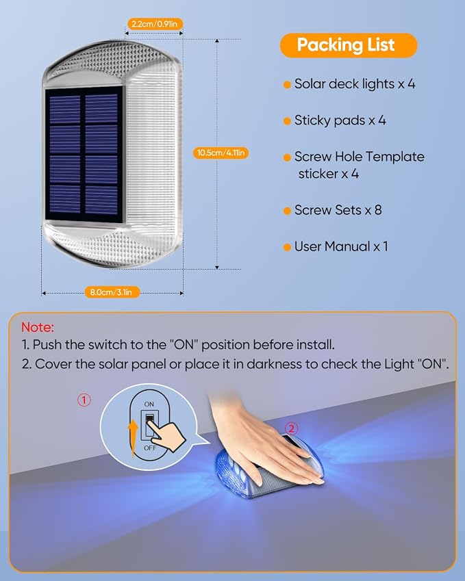 DetarZinLED Blue Solar Dock Lights for Outside IP68 Waterproof Led 4 Pack | Sturdy PC Shell, Stick on & Screw Mount, Markers Light for Outdoor Deck, Driveway, Step, Walkway, Path, Sidewalk, Patio, pool