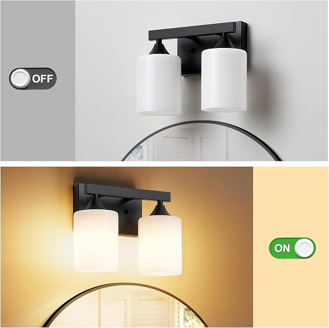 ZHU YAN Black Vanity Light Fixture,2 Light Bathroom Lighting Fixtures Over Mirror,Milky White Glass Shades,Bathroom Lights for Mirror Living Room Bedroom E26 Socket
