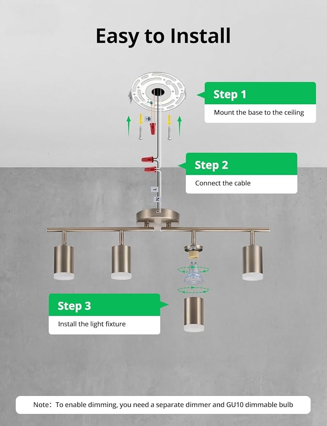 Bojim Track Lighting Fixtures Ceiling Mount for Kitchen, Nickel 4 Way LED Spot Lights Indoor, Flexible Modern Track Light GU10 Socket for Dining Room, Bulbs Not Included