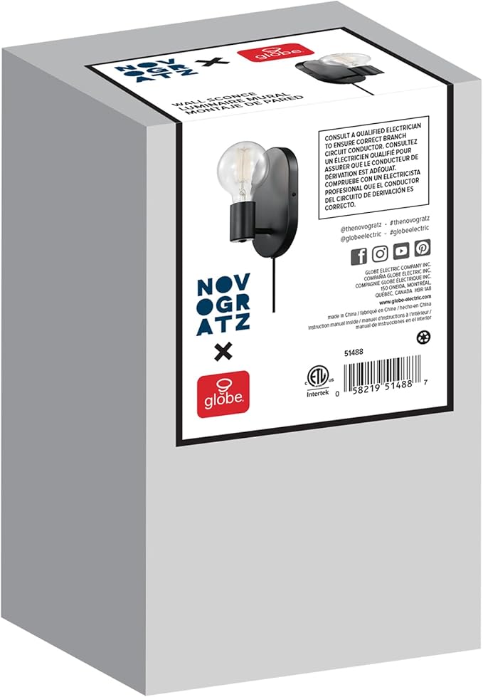 GLOBE Electric x Novogratz 51488 1-Light Plug-in or Hardwire Wall Sconce, Matte Black, 6ft Fabric Covered Cord, Rocker Switch, Wall Lights for Apartment or Renters, Modern Lighting (Pack of 4)
