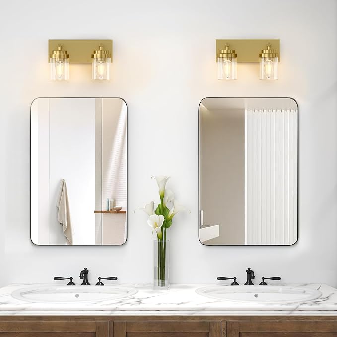 IZORRO Bathroom Vanity Light Fixture, 2-Light 15 Inch Gold Bathroom Light Fixtures Over Mirror, with Clear Glass Shade, Modern Farmhouse Vanity Lights, Rustic Restroom Lighting Fixtures