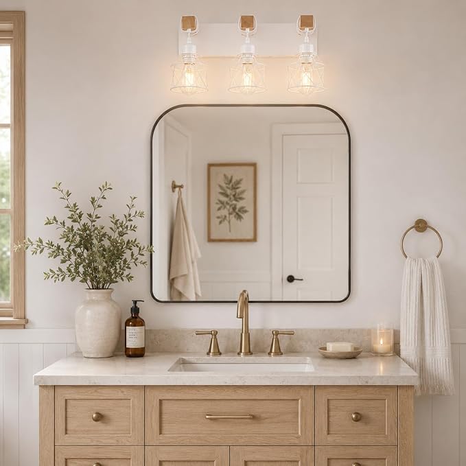 Farmhouse Vanity Light Fixture,3-Light Bathroom Lighting,White Modern Wood Wall Light Over Mirror with Metal Shade,Bulbs NOT Included