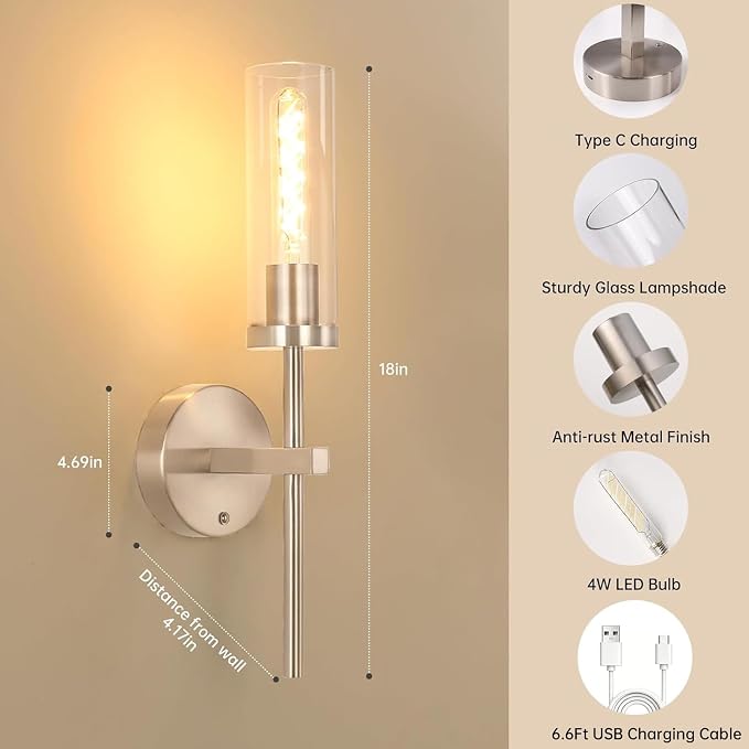 Shenmoyl Battery Operated Wall Sconces Set of 2, Nickel Rechargeable Wall Lighting Fixtures, Dimmable Wall Lights with Remote & Clear Glass Shade for Living Room, Bathroom,Bedroom