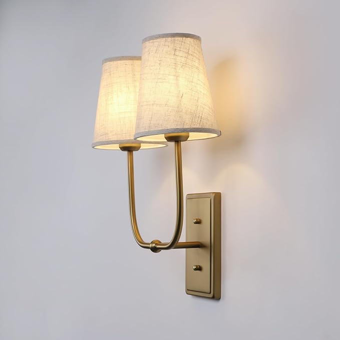 Vintage 2-Lights Wall Sconces with Funnel Linen Fabric Shades, Double Head Bathroom Vanity Lights Fixture, Indoor Wall Lamps for Bedroom Living Room Hallway Stairway