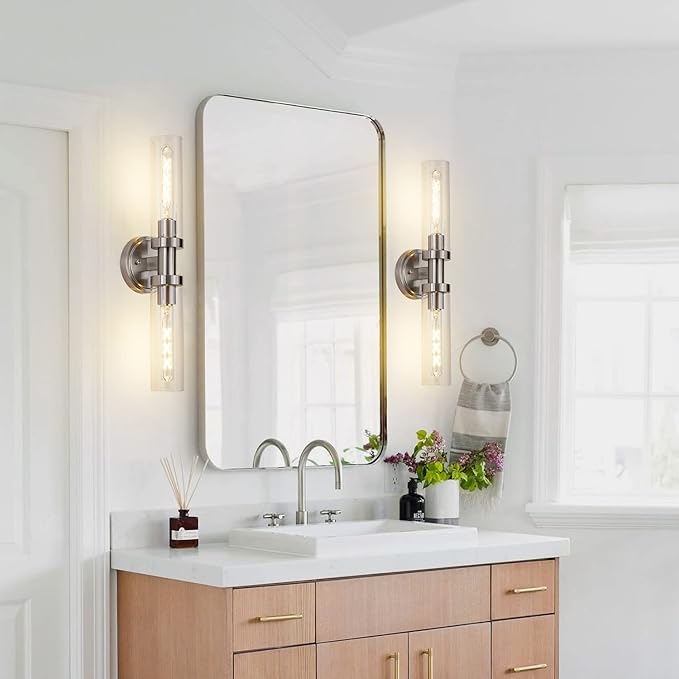 Brushed Nickel 2-Light Bathroom Vanity Light Fixture, Modern Bathroom Sconces Wall Lighting W/Clear Glass Shade, Horizontal and Vertical Wall Mount Lamp for Mirror Hallway Kitchen