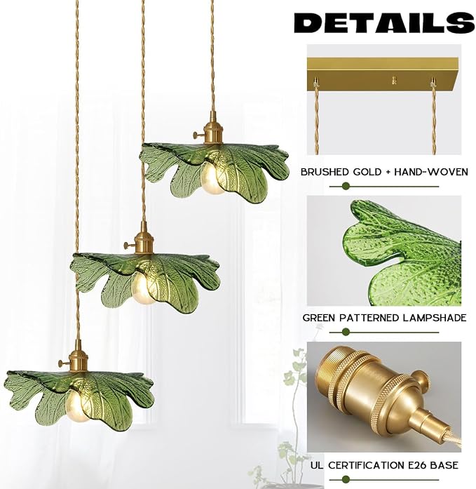 Glass Chandelier for Dining Room Vintage Chandelier Lighting 3-Light Hand Blown Gold Mid Century Modern Pendant Light with Green Glass Shade for Kitchen Island Bedroom Living Room