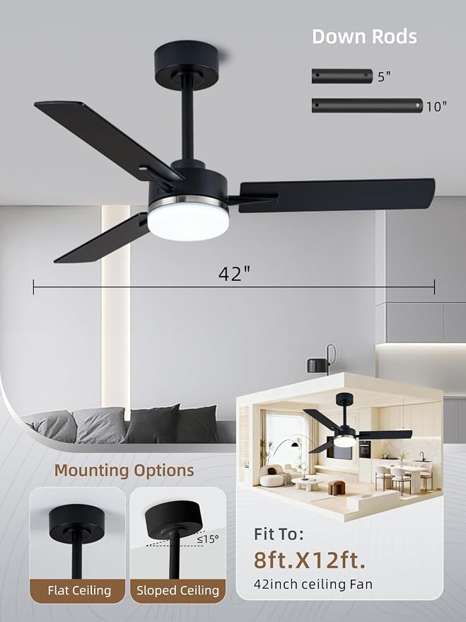 LANMEL Metal Ceiling Fan with Lights and Remote, 42 Inch, Silver & Black | Modern Low Profile Flush Mount, Reversible, 3CCT Dimmable, Quiet, LED, For Bedroom, Living Room, Indoor/Outdoor Patio Use
