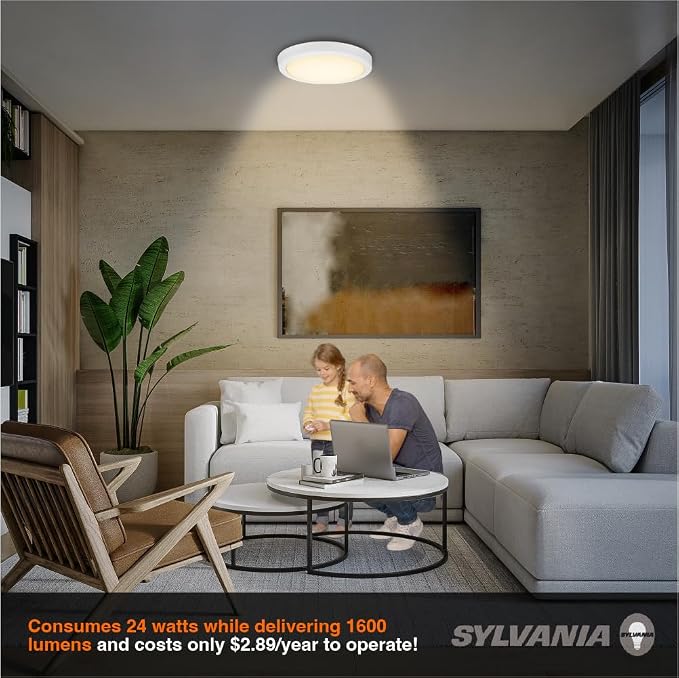 Sylvania 12" LED Flush Mount Ceiling Light Fixture, 24W, 1600 LMS, Hardwired, 3000K, Warm White, White, LED Lights for Bedroom Kitchen Hallway Porch - 1 Pack (66460)