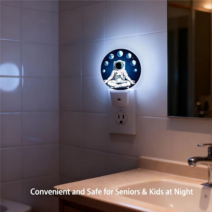 Plug-in Astronaut Night Light Planets Moons Cosmic Meditation Night Lights Plug into Wall with Auto on/Off Sensor, 0.5W LED Nightlight for Bedroom Bathroom Kitchen Hallway