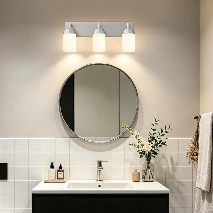 Bathroom Light Fixtures, Brushed Nickel Bathroom Lighting Fixtures Over Mirror, Modern Vanity Light with White Glass Shade, Restroom Lighting Fixtures, 3-Light 22-inch