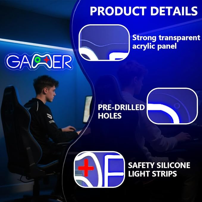 Gamer Neon Sign,Gamepad Shaped Dimmable LED Light Signs for Wall Art Decor,Gaming Backdrop for Game Room Bar Bedroom Club Party Man Cave,Game Gift for Boys Teen Men USB Powered(15.4"*4.1")