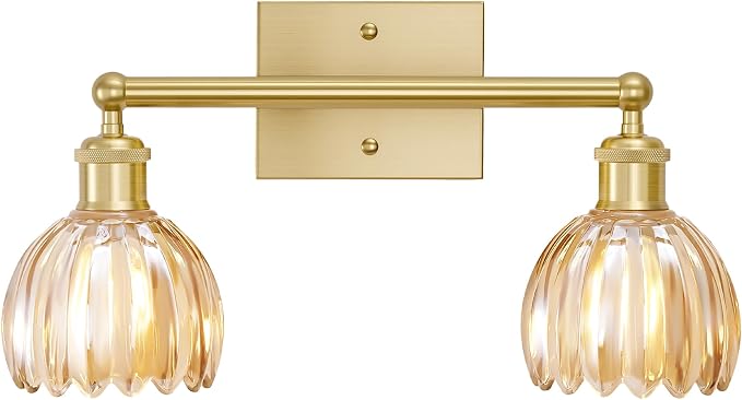 2 Light Bathroom Vanity Lights Over Mirror,Vintage Wall Sconce,Antique Brass Bathroom Light Fixtures,Tulip Sconces Wall Lighting with Amber Thick Glass Shade for Bedroom Living Room, E26 Base
