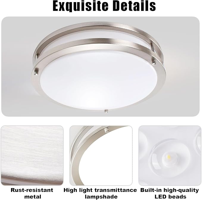 12inch LED Flush Mount Ceiling Light Fixture Dimmable Brushed Nickel, Easy Install Ceiling Lamp Fixture Without Flicker, Super Bright 36W 3600LM 5CCT Warm to White Light 3000K to 6000K 2-Pack
