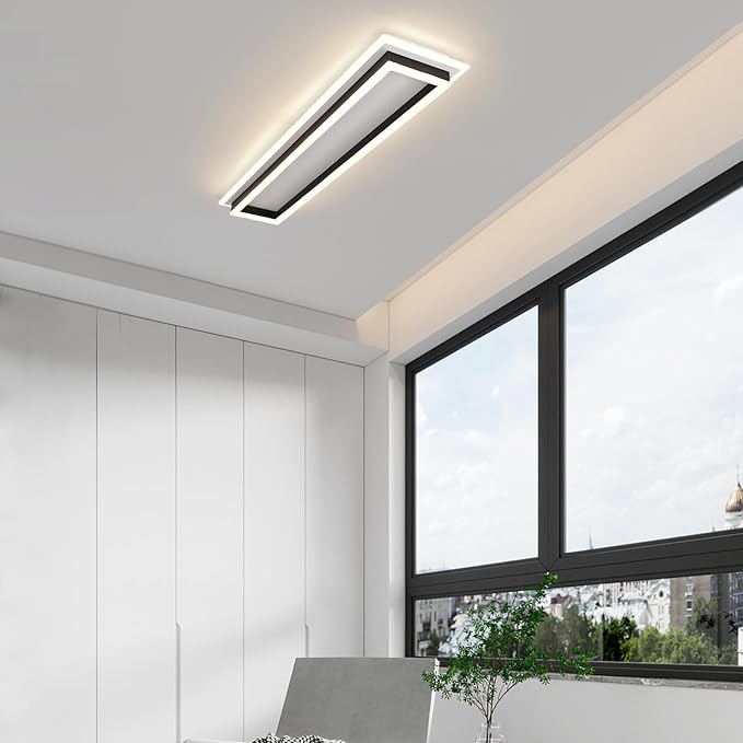 Dimmable Led Ceiling Light with Remote Control 31.5in Modern Linear Flush Mount Ceiling Lighting Fixture Acrylic Long Ceiling Lamp for Living Room Kitchen Dining Room Hallway (Black, 2 Packs)